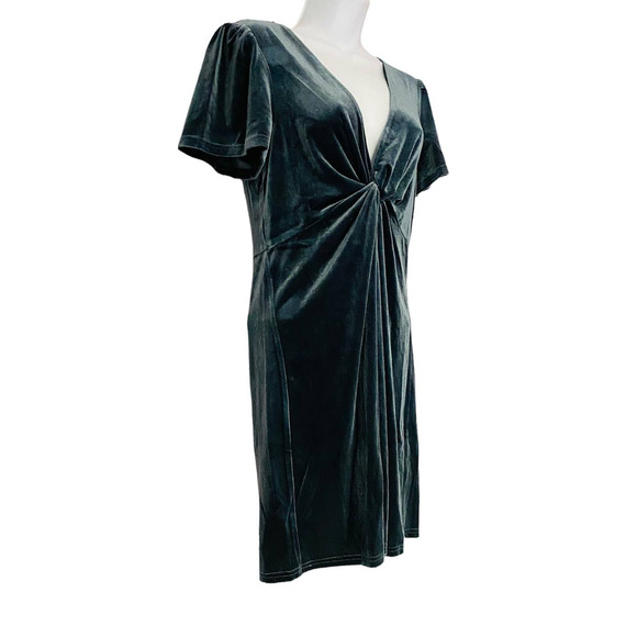 Aqua Blue-Gray Velvet Shimmer Stretch Deep V-Neck Plunge Cocktail Party Dress - Picture 3 of 13